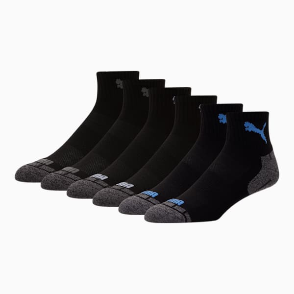Men's Quarter Crew Cat Socks [6 Pack], BLACK / BLUE, extralarge